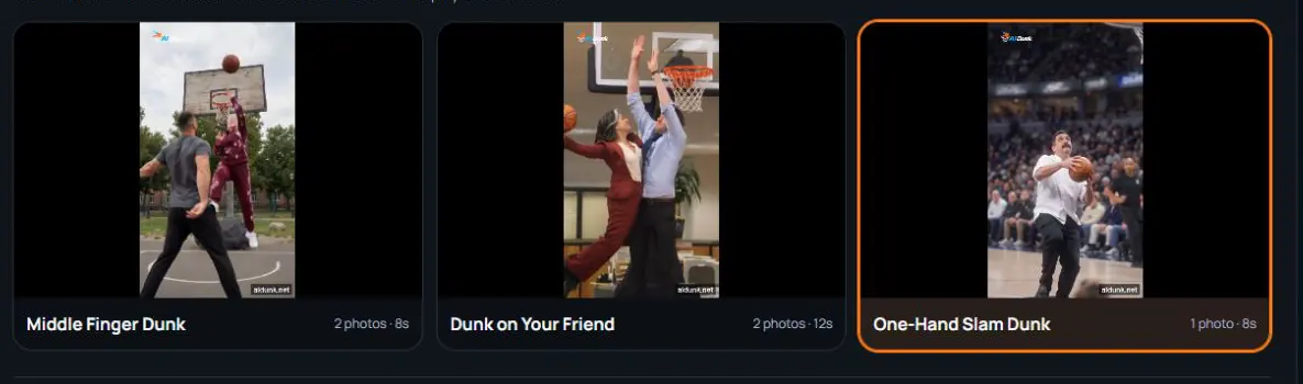 AI Dunk generator showing the three play choices and their photo counts
