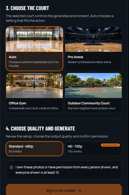 AI Dunk court cards and Standard 480p and HD 720p quality controls